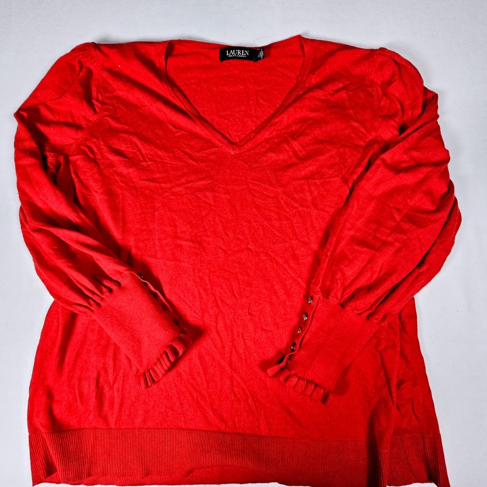 Lauren Ralph Lauren Xmas Red V-Neck Ruffle Cuff Button Sweater 3X 202789914011
